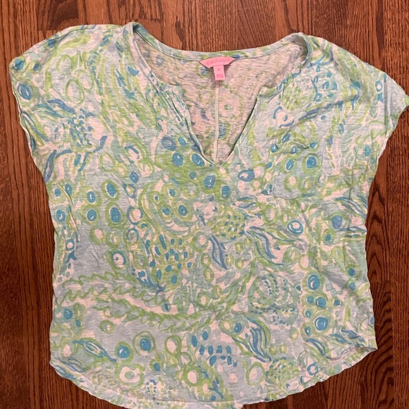 Lilly Pulitzer Duval Notch Neckline Linen Top - Pool Blue Any Fins Possible - Picture 3 of 4